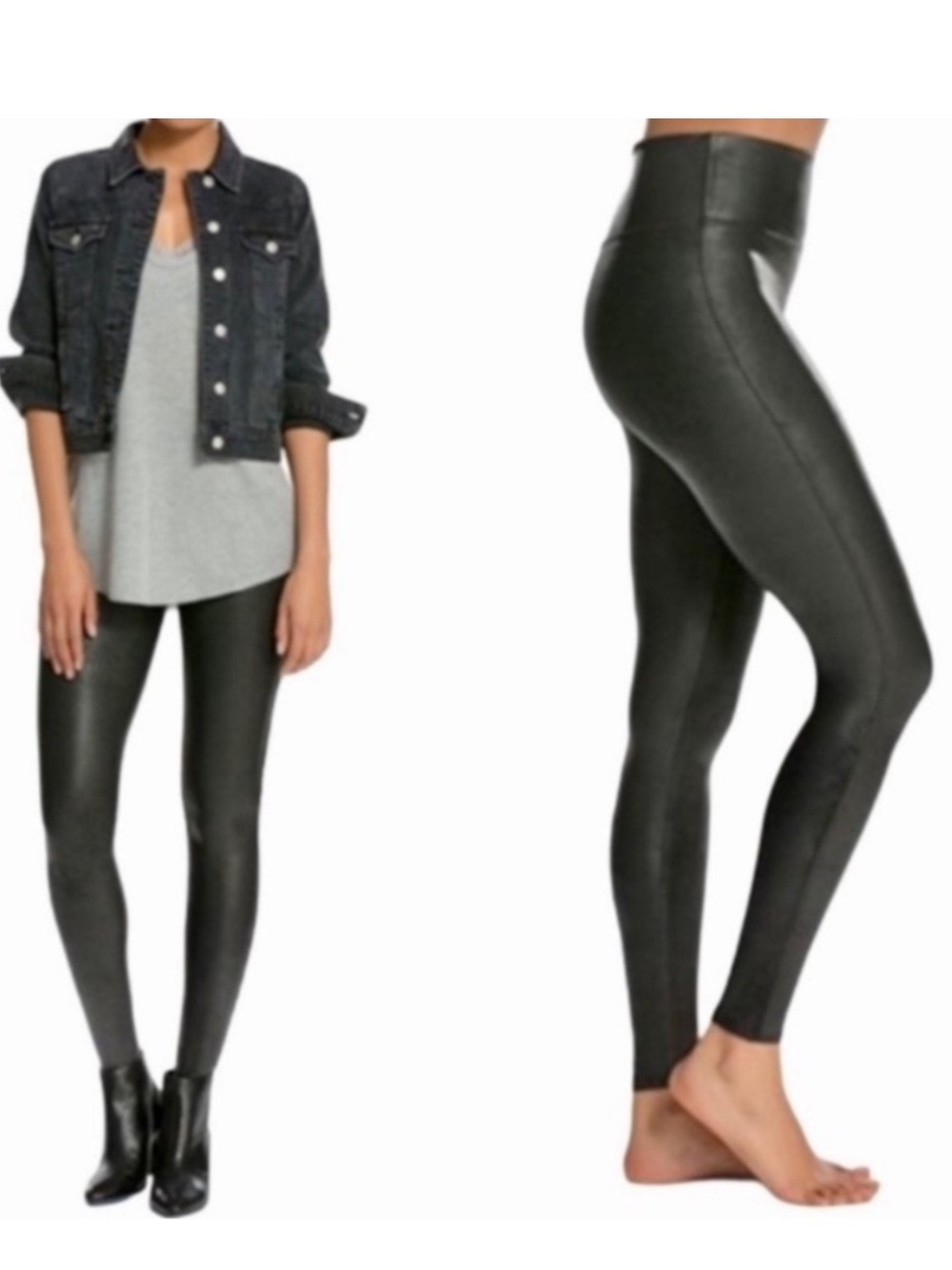 Spanx Faux Leather Slimming Leggings Women’s Size L Pull On Tummy Smoothing